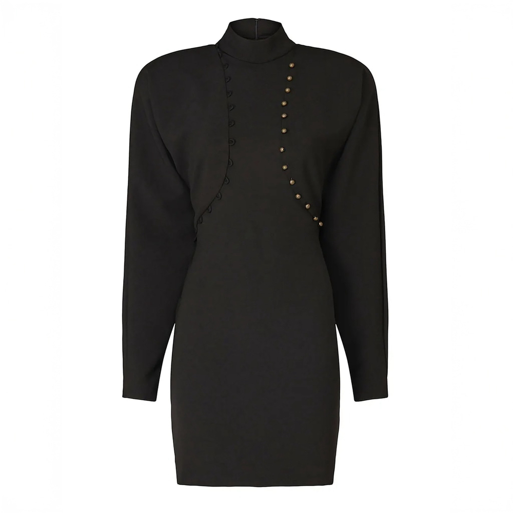 Nicole Miller Black Puff Sleeve Button Dress Mock Neck Women's $395 - Size 10 - Picture 2 of 14